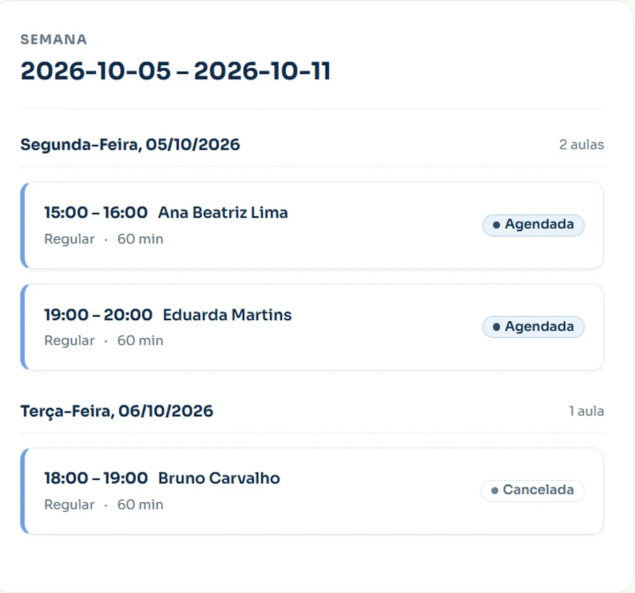 Agenda semanal de aulas no Cadensa com horários fixos