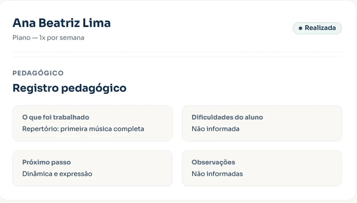 Registro de aula com conteúdo e próximo passo pedagógico